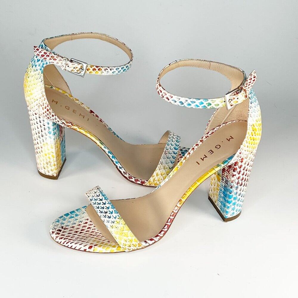 M.Gemi Embossed Leather Strap Block Heels Shoes Multicolor Women 9 / 39.5